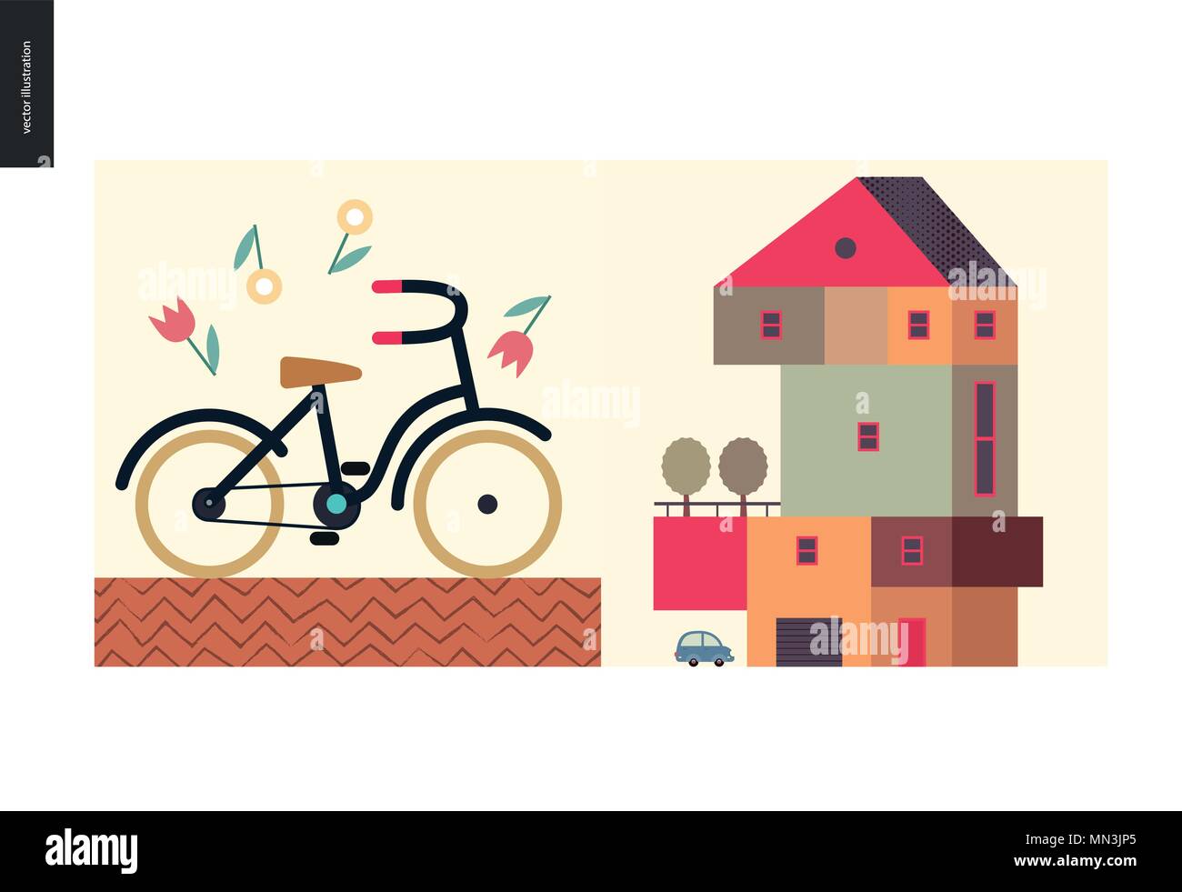 Simple things - color - flat cartoon vector illustration of four storey colorful countryside house, terrace, trees, car, garage, bicycle with yellow w Stock Vector