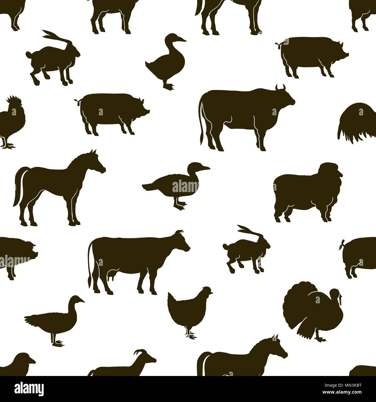 Vector farm animals and poultry background. Black and white ...