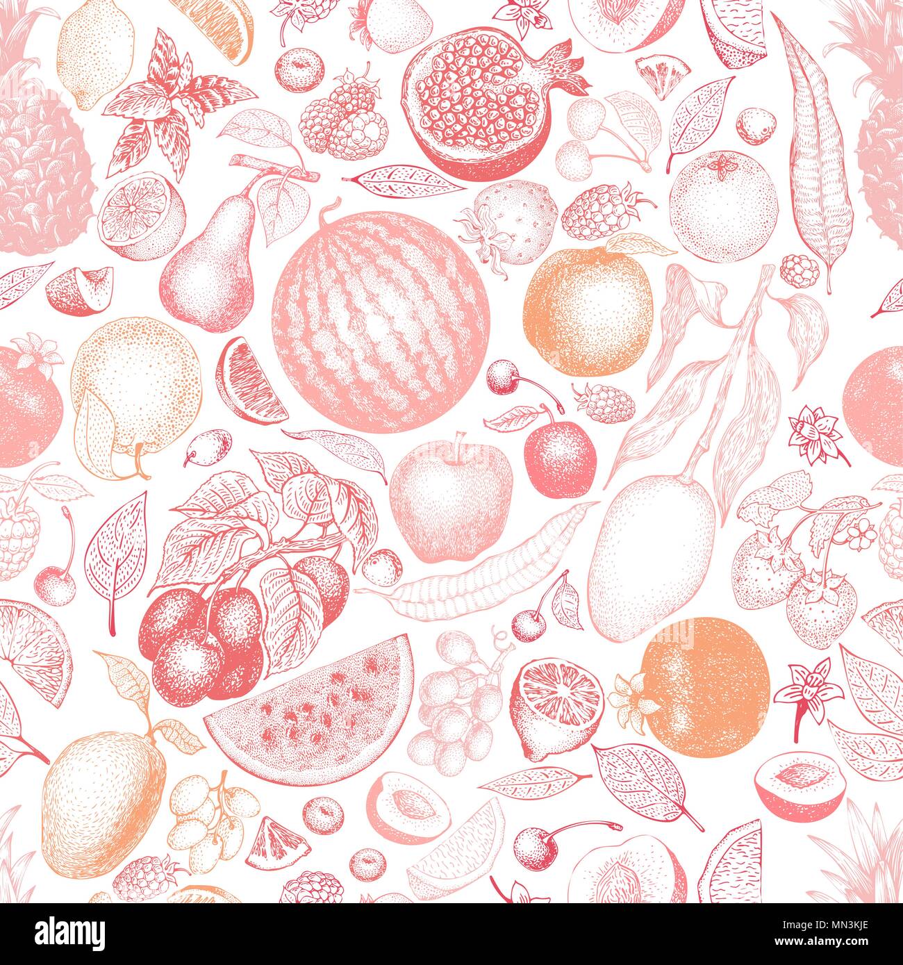 Fruits and berries hand drawn vector seamless pattern. Retro engraved ...
