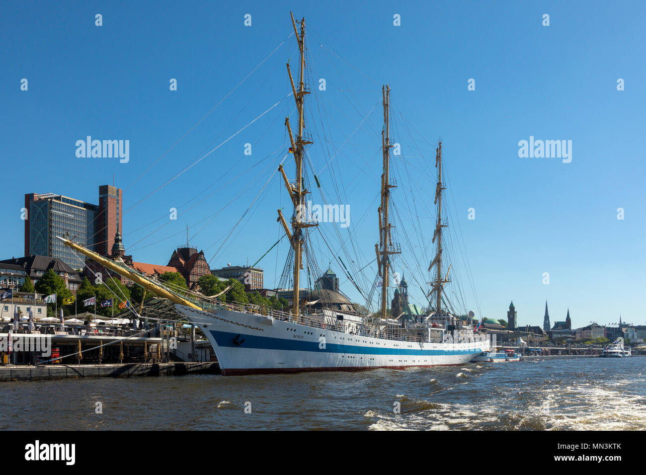 Russian sail ship MIR moored at St Pauli landing stages, Hamburg Stock
