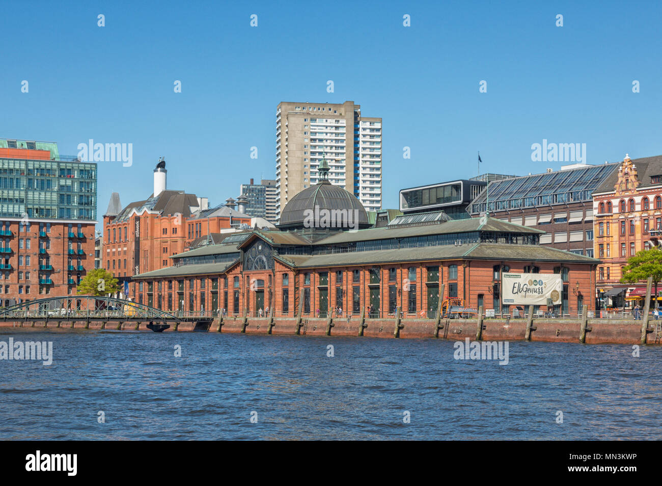 Historic fish auction hall from 1895 on the Elbe river shore at Hamburg Stock Photo