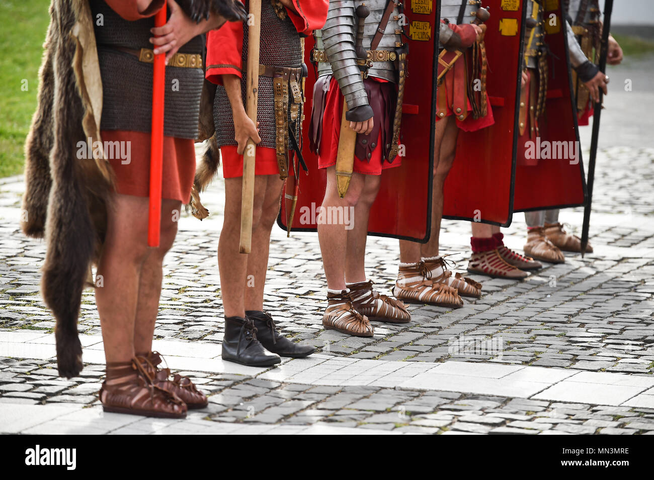 Reenactment detail with roman soldiers uniforms Stock Photo