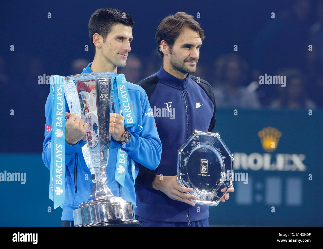 Roger Federer vs Novak Djokovic during the Singles Final of the 2015  Barclays ATP World Tour Finals - O2 Arena London England. 22 November 2015  Stock Photo - Alamy