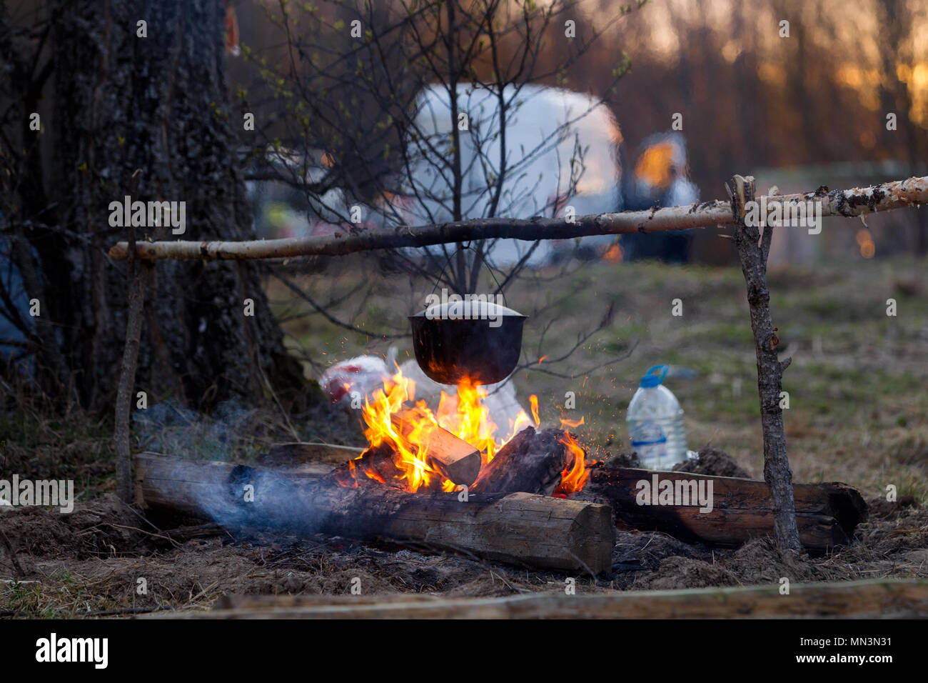 Campfire. Cooking in a Campfire at a Campfire;Cooking food on the