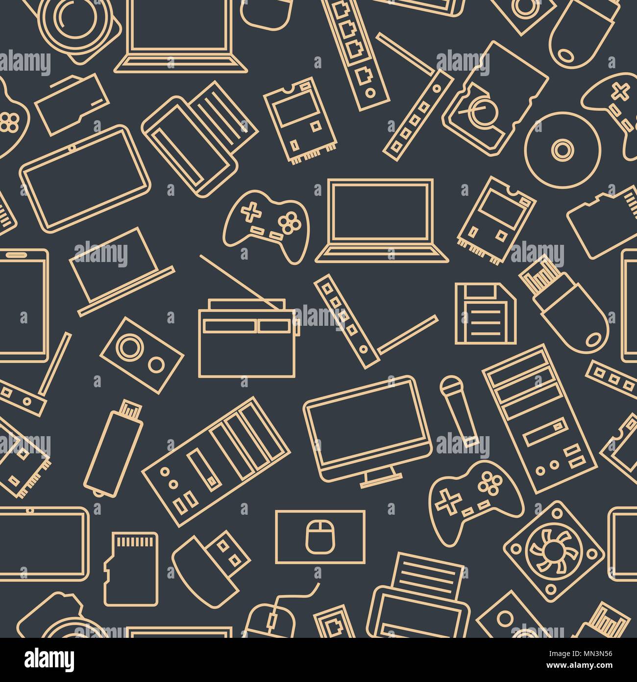 Seamless pattern from a set of computer and gadget icons of thin lines ...