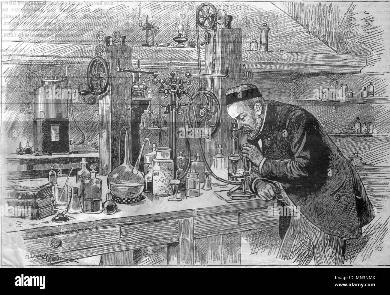 Louis Pasteur in his laboratory. Vintage engraved illustration. Published in magazine in 1900. Stock Photo