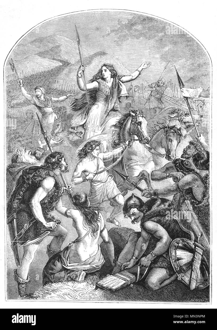 Boudica aka Boadicea or Boudicea was a queen of the British Celtic Iceni tribe who led an uprising against the occupying forces of the Roman Empire.  In AD 60 or 61, when the Roman governor Gaius Suetonius Paulinus was campaigning on the island of Anglesey off the northwest coast of Wales, Boudica led theCelts in revolt. They destroyed Camulodunum (modern Colchester) and went on to destroy Londinium and Verulamium (modern-day St Albans).  Suetonius, regrouped his forces in the West Midlands, and, despite being heavily outnumbered, defeated the Britons in the Battle of Watling Street. Stock Photo
