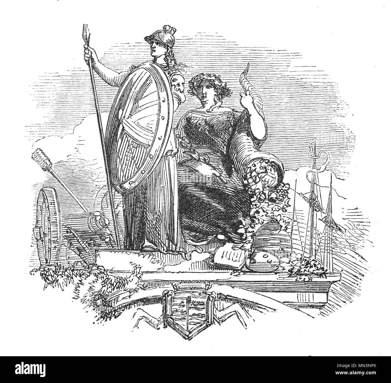 Britannia is the female personification of the British Isles. In the 2nd century, Roman Britannia came to be personified as a goddess, armed with a trident and shield and wearing a Corinthian helmet. The name Britannia long survived the end of Roman rule in Britain in the 5th century and yielded the name for the island in most European and various other languages. Stock Photo