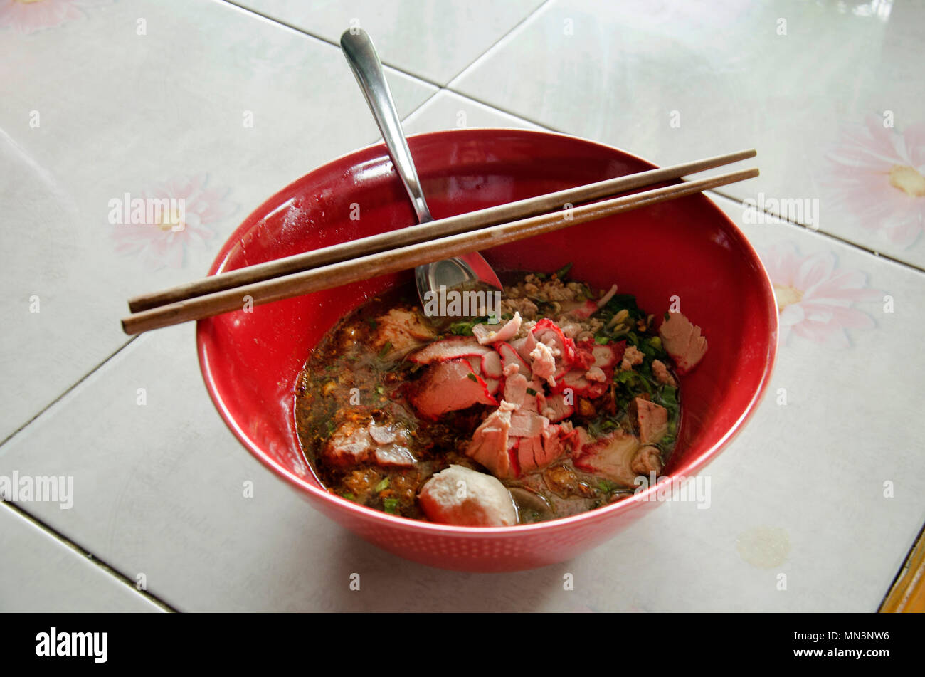 Special noodle spicy soup or noodles tom yam soup thai style with pork