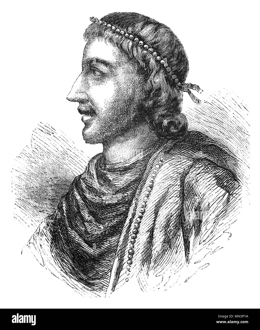 A portrait of Cnut the Great (995–1035), also known as King Canute was King of Denmark, England and Norway; together often referred to as the North Sea Empire. Yet after the deaths of his heirs within a decade of his own, and the Norman conquest of England in 1066, this legacy was lost. He is popularly invoked in the context of the legend of King Canute and the tide, which usually misrepresents him as a deluded monarch believing he has supernatural powers, contrary to the original legend which portrays a wise king who rebuked his courtiers for their fawning behaviour. Stock Photo