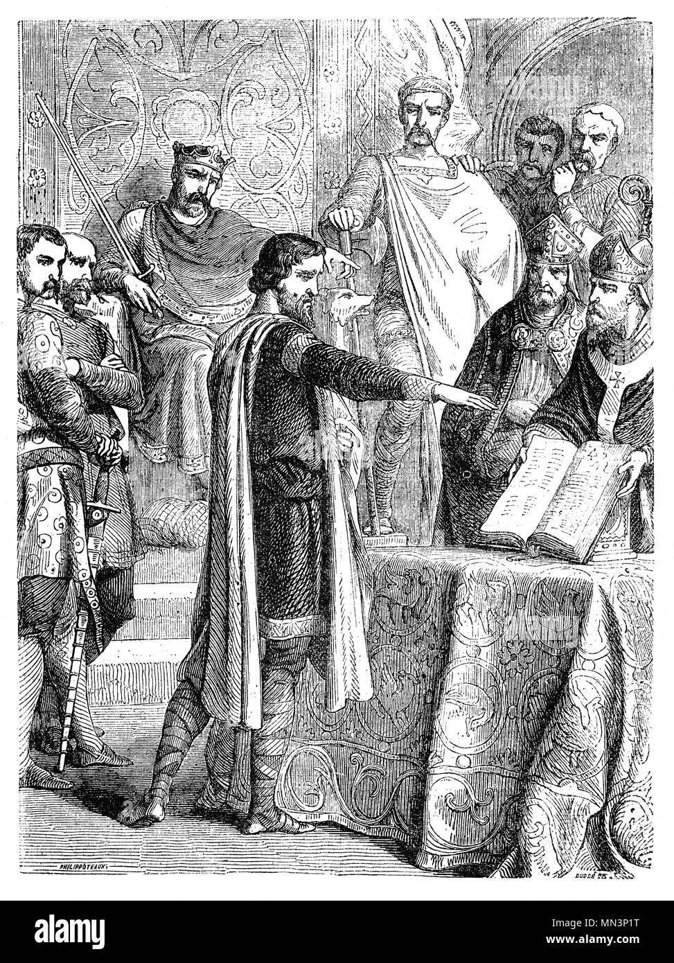 Harold Godwinson (1022–1066), often called Harold II, was the last Anglo-Saxon king of England. He reigned from 6 January 1066 until his death at the Battle of Hastings. Earlier, in 1064, Harold apparently was shipwrecked on the Normandy coast and later swore an oath on sacred relics to William to support his claim to the English throne. After Edward's death, Harold broke this alleged oath. And so on 14 October, Harold died fighting the Norman invaders led by William the Conqueror during the Norman conquest of England. Stock Photo