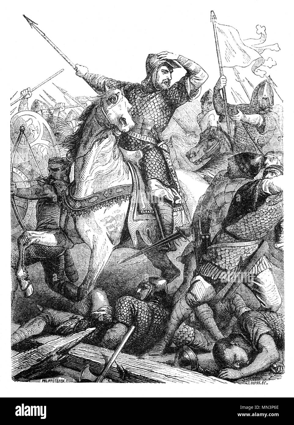 A scene from the Battle of Hastings fought on 14 October 1066 between the Norman-French army of William, the Duke of Normandy, and an English army under the Anglo-Saxon King Harold Godwinson, beginning the Norman conquest of England. It took place approximately 7 miles (11 kilometres) northwest of Hastings, close to the present-day town of Battle, East Sussex, and was a decisive Norman victory. Stock Photo