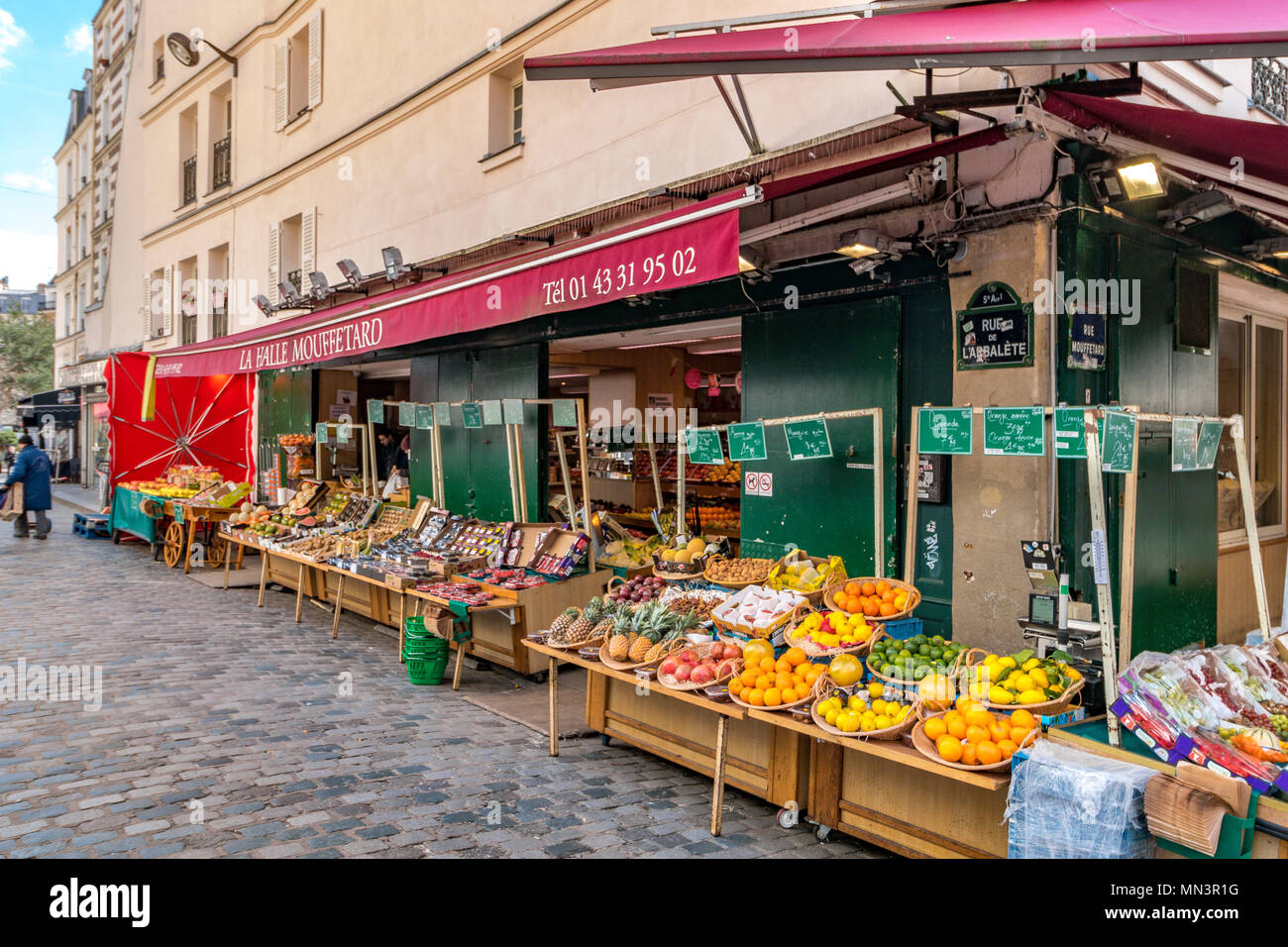 La Halle Mouffetard a fruit and vegetable shop on Rue Mouffetard, Paris, France Stock Photo