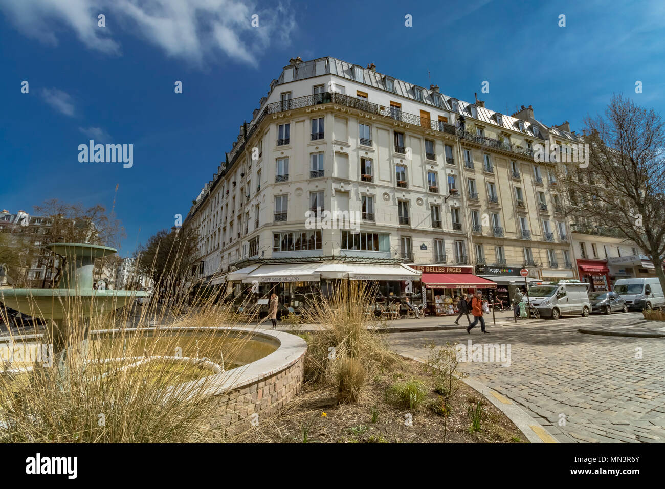 Fontaine Guy Lartigue , La place Georges-Moustaki at the end of Rue Mouffetard ,Paris ,France Stock Photo