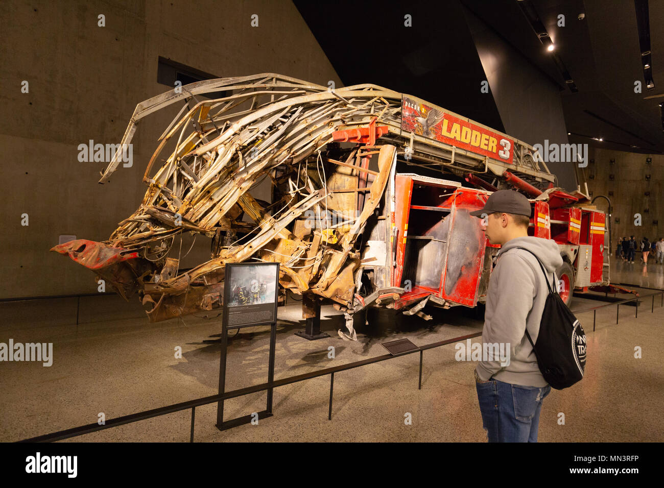 Fire Department of New York (FDNY)bLadder Company 3 firetruck, wreck in the 9/11 Memorial Museum, New York city, USA Stock Photo