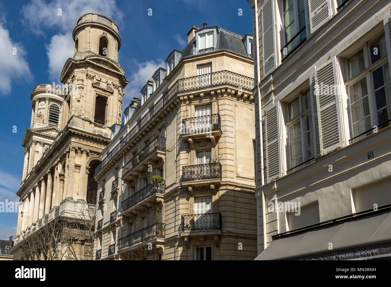 Church of Saint-Sulpice, eglise Saint-Sulpice , a Roman Catholic church located at Place Saint-Sulpice , the second largest church in in Paris Stock Photo