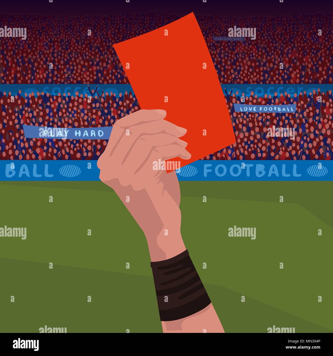 Close up of soccer referee hand holding red card Stock Vector
