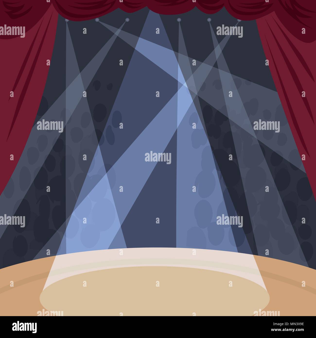 View from stage with spotlight beams of auditorium or orchestra with audience. Interior of theater or concert hall Stock Vector