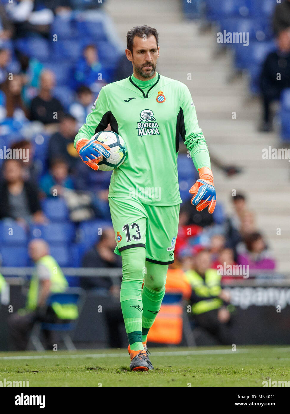 Barcelona, 13th May: Diego Lopez of RCD Espanyol during the 2017/2018  LaLiga Santander Round 37 game between RCD Espanyol and Malaga CF at RCD  Stadium on May 13, 2018 in Barcelona, Spain.