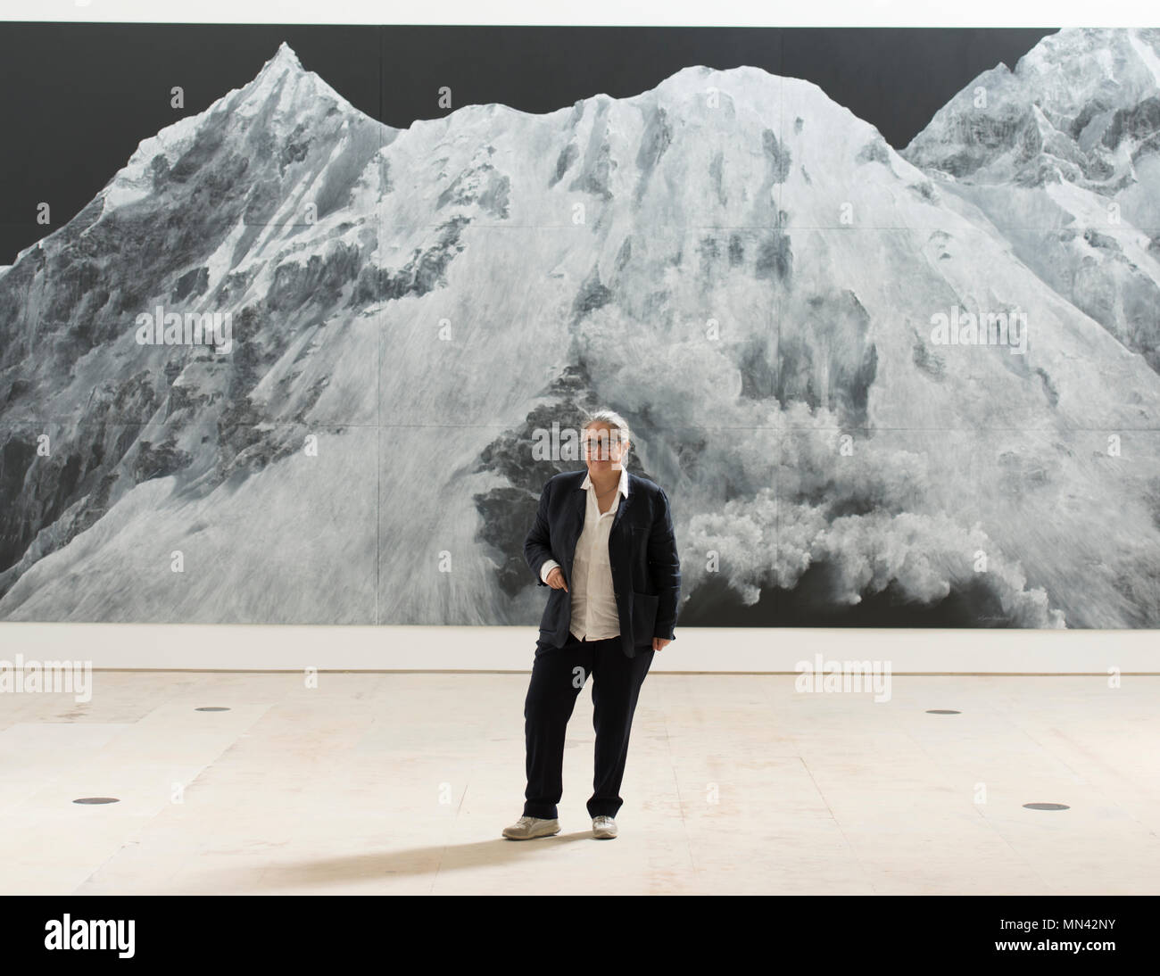 Royal Academy of Arts, London, UK. 14 May, 2018. Royal Academician Tacita Dean, whose exhibition Landscape inaugurates the new galleries, stands in front of her large chalk on blackboard work, The Montafon Letter, 2017. Glenstone Museum, Potomac, Maryland. Credit: Malcolm Park/Alamy Live News. Stock Photo