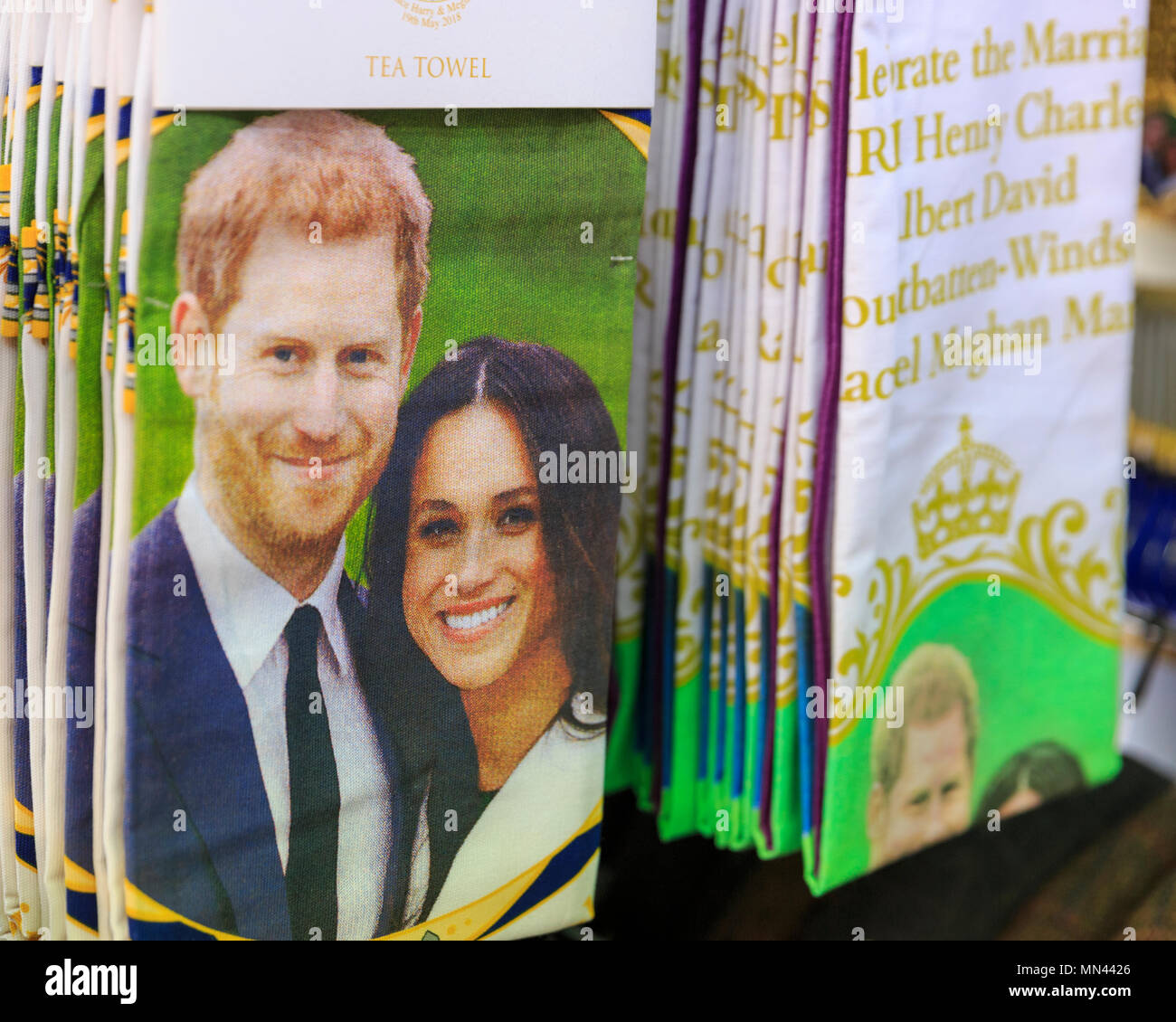 Central London, 14th May 2018. Who's doing the dishes? Harry & Meghan tea towels. Union Jack flags, decorations, gift mugs, bunting, commemorative plates and all kinds of Royal Wedding memorabilia and merchandise are on display as London gets ready for the Royal Wedding between Prince Harry and Meghan Markle on Saturday in Windsor. Credit: Imageplotter News and Sports/Alamy Live News Stock Photo