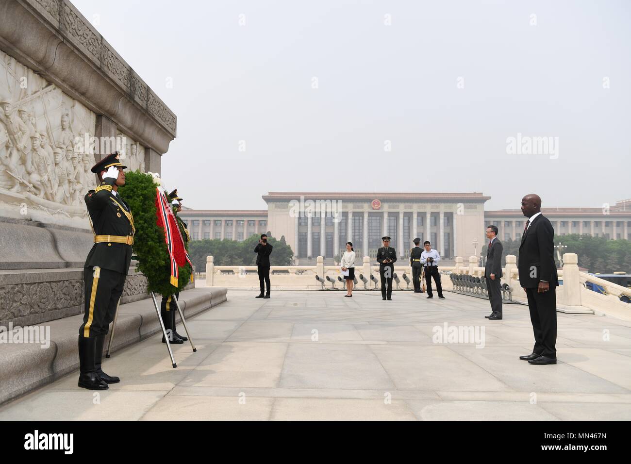 Beijing, China. 14th May, 2018. Prime Minister Keith Rowley of Trinidad and Tobago lays a wreath to the Monument to the People's Heroes at the Tian'anmen Square in Beijing, capital of China, May 14, 2018. Credit: Chen Yehua/Xinhua/Alamy Live News Stock Photo