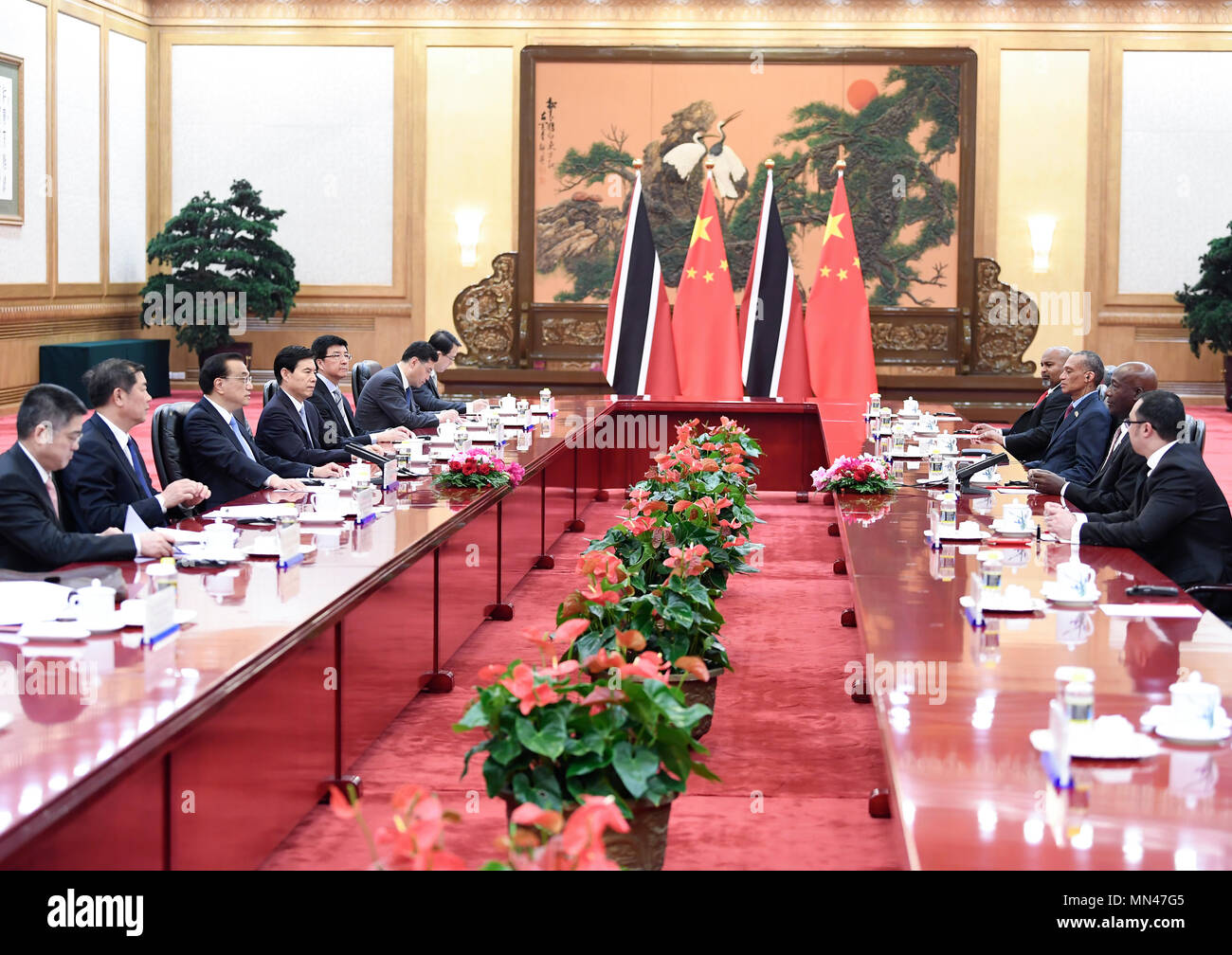 Beijing, China. 14th May, 2018. Chinese Premier Li Keqiang holds talks with Prime Minister Keith Rowley of Trinidad and Tobago at the Great Hall of the People in Beijing, capital of China, May 14, 2018. Credit: Yan Yan/Xinhua/Alamy Live News Stock Photo