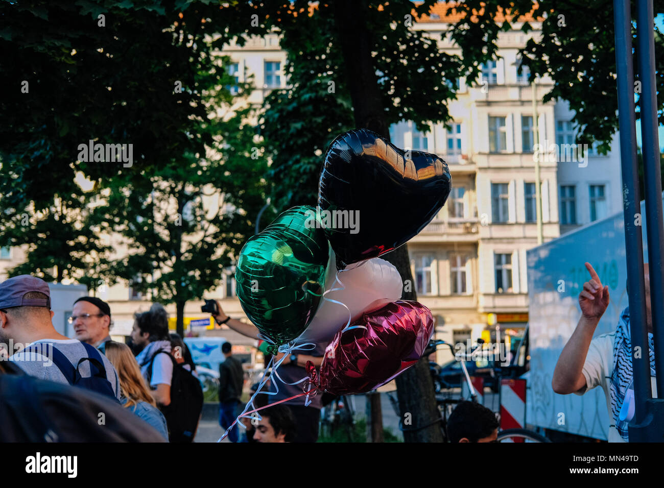 Berlin, Germany. 14th may 2018. Balloons with the Palestinian flag colors at the protest in Berlin against the actions of Israel in Gaza where more than 50 people have been killed. Hundreds of demonstrators gathering in Berlin to protest the violent actions that has been taken by the Israeli military in Gaza which has led to at least 50 dead. Credit: SOPA Images Limited/Alamy Live News Stock Photo
