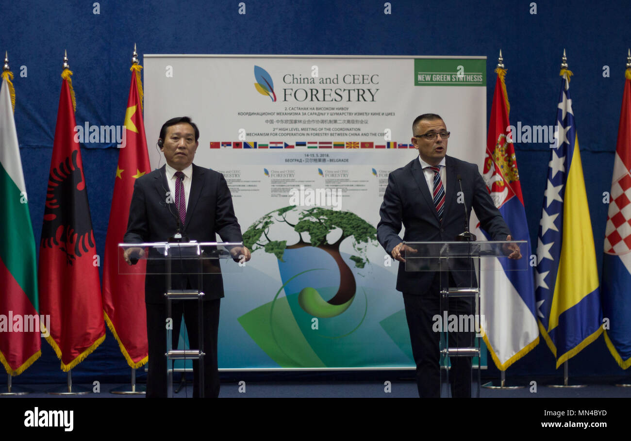 (180514) -- BELGRADE, May 14, 2018 (Xinhua) -- Liu Dongsheng (L), deputy head of China's State Forestry and Grassland Administration and Branislav Nedimovic, Minister of Agriculture, Forestry and Water Management of Serbia, attend a press conference in Belgrade, Serbia, on May 14, 2018. China and Central and Eastern European (CEE) countries are willing to further deepen their cooperation in the area of forestry and work together on preventing negative effects of climate change, participants of the 2nd High Level Meeting of the Coordination Mechanism for Cooperation in Forestry between China an Stock Photo