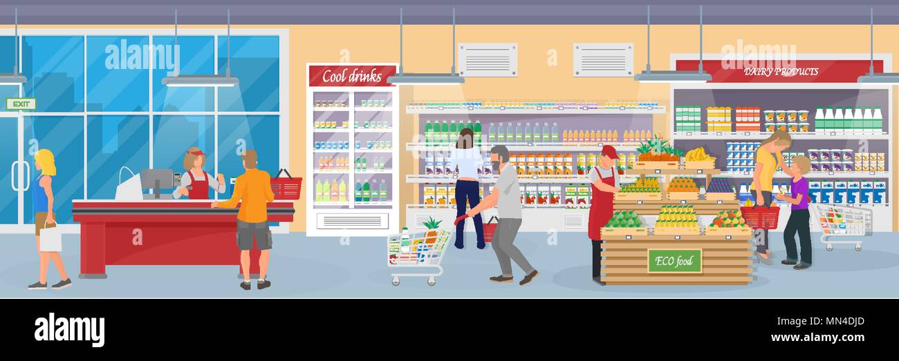Interior of a modern supermarket with goods, buyers and employee Stock Vector