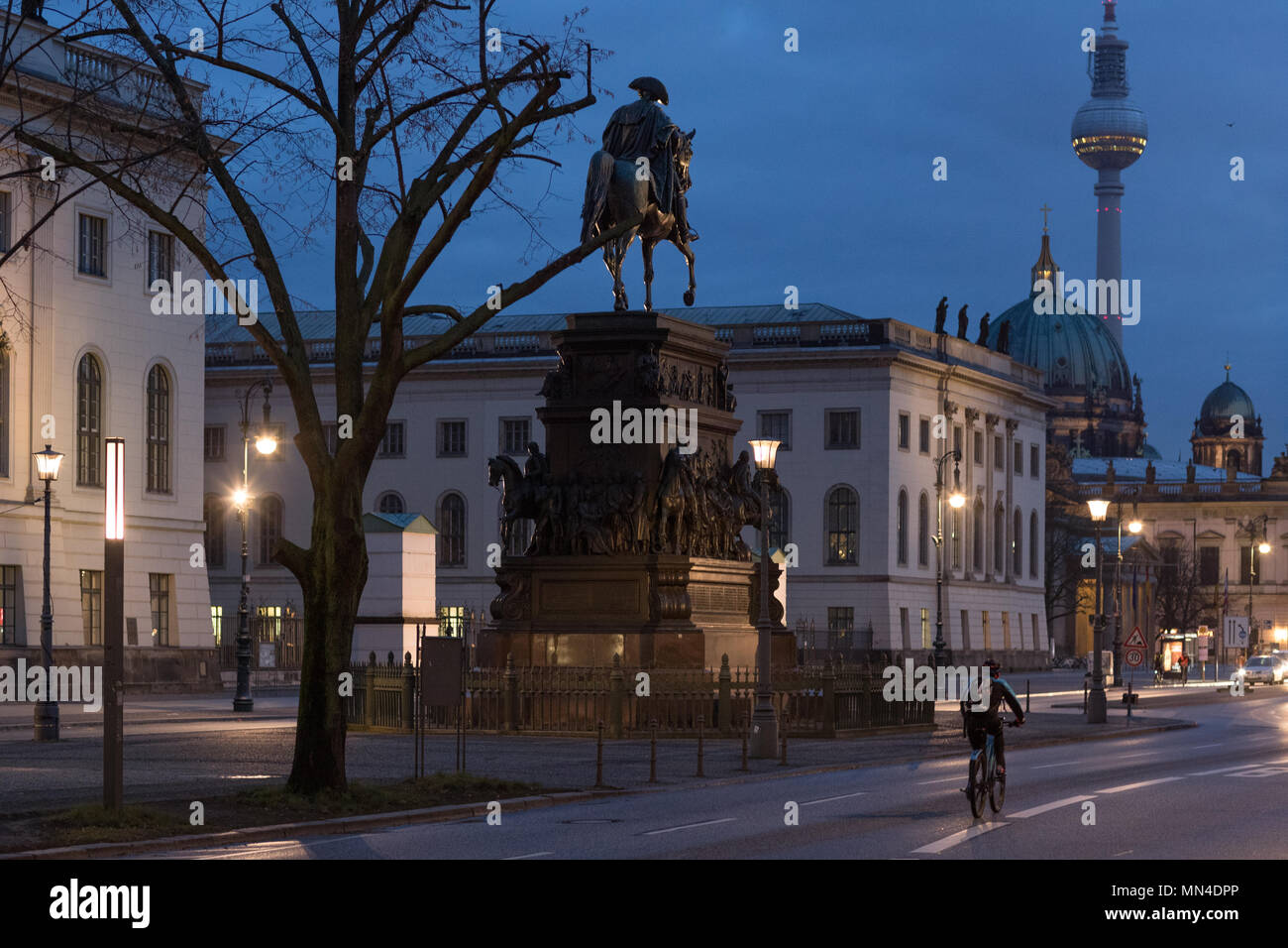 The statue of Frederick the Great, Berliner Dom, Fernsehturm & Unter den Linden at night, Mitte, Berlin, Germany Stock Photo