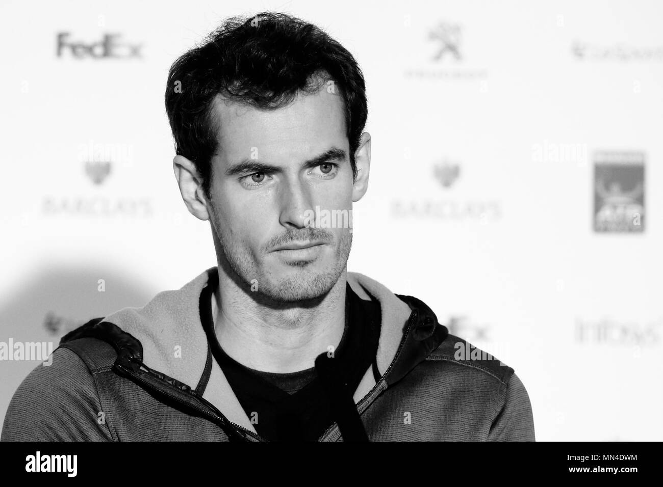 LONDON, ENGLAND - NOVEMBER 18: (Editors Note: Image Converted to Black and White) Andy Murray of Great Britain at a press conference after his victory against Stan Wawrinka of Switzerland on day six of the ATP World Tour Finals at the O2 Arena on November 18, 2016 in London, England. Stock Photo
