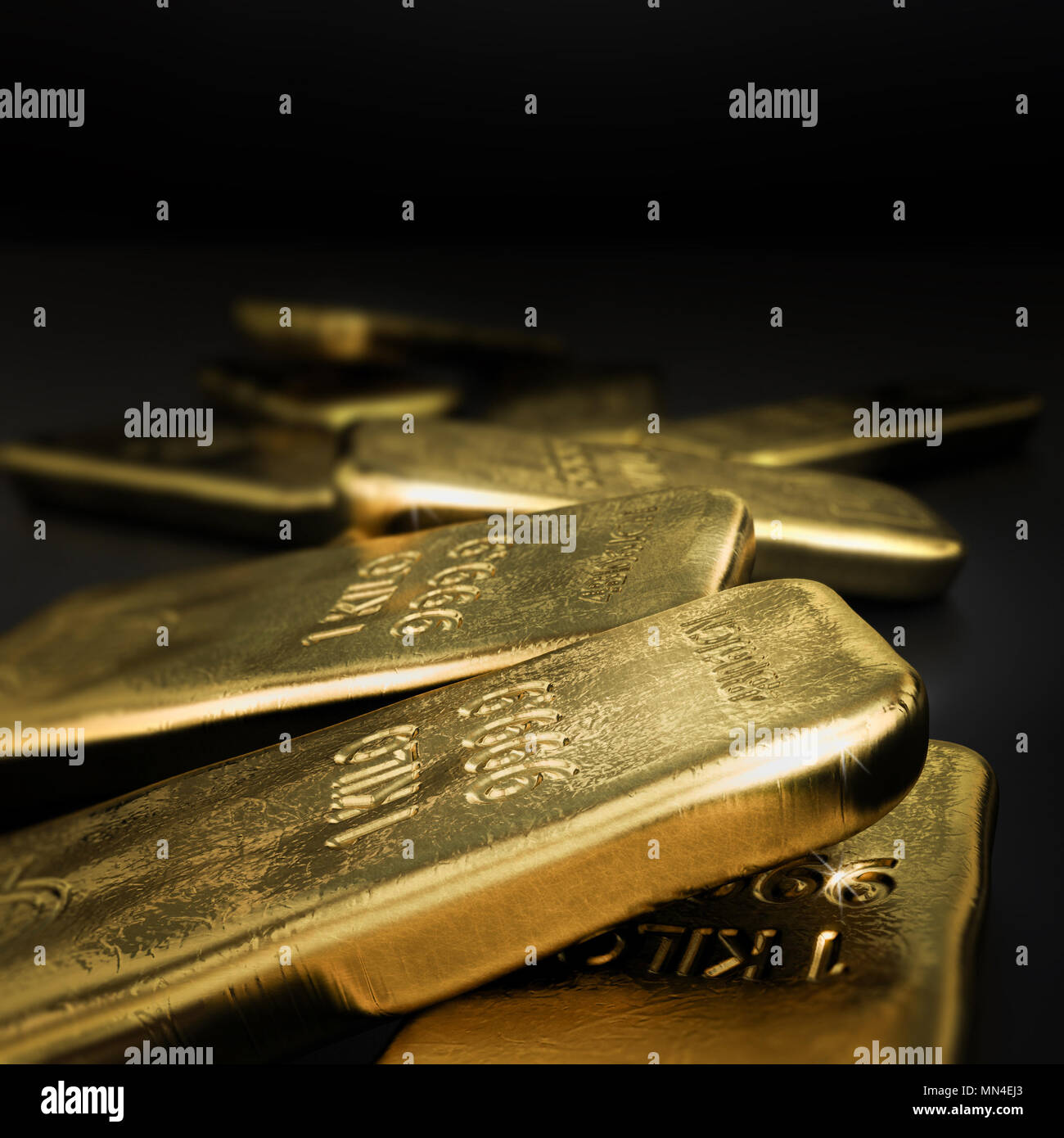 3D illustration of gold bars over black background with free space on the top,  square image. Gold commodities market concept. Stock Photo