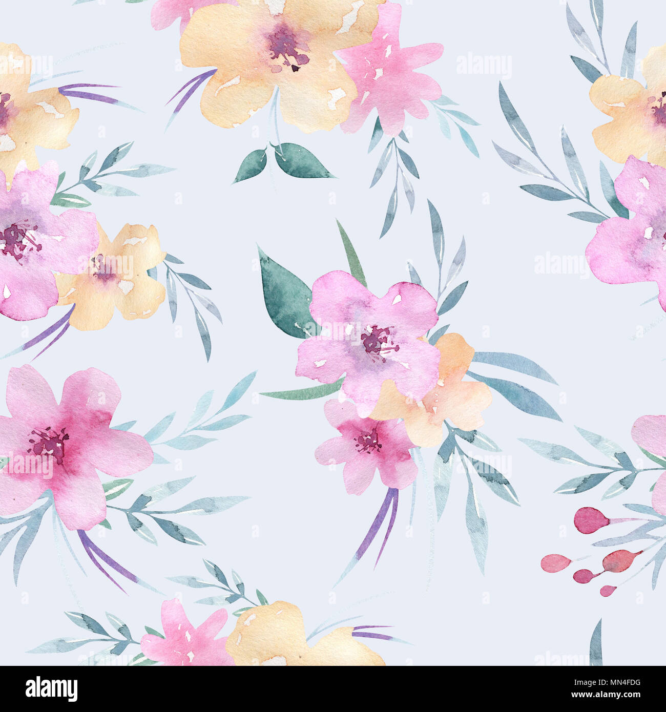 Watercolor floral pattern. Seamless pattern with purple, gold and pink ...