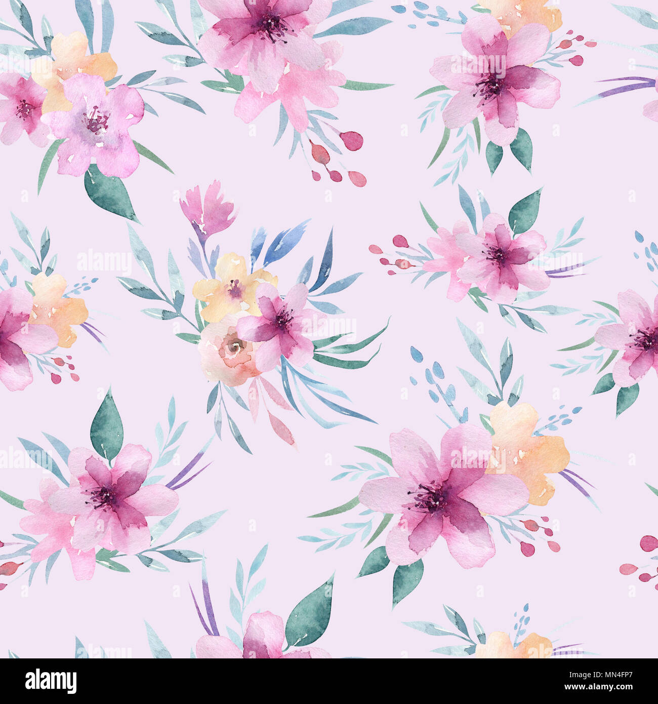 Watercolor floral pattern. Seamless pattern with purple, gold and pink ...