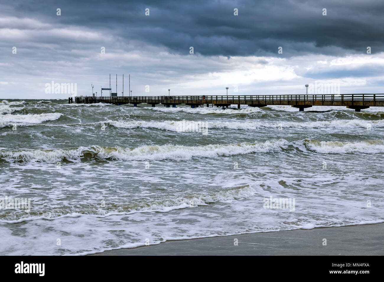 Storm on the Baltic sea, pier in Scharbeutz, Schleswig-Holstein ...