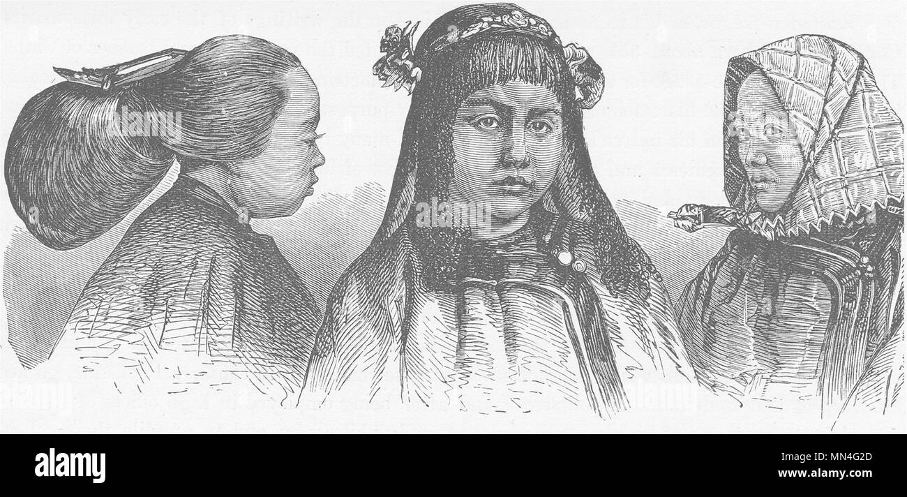CHINA. Head-dresses of Chinese women (Shantou)  1892 old antique print picture Stock Photo