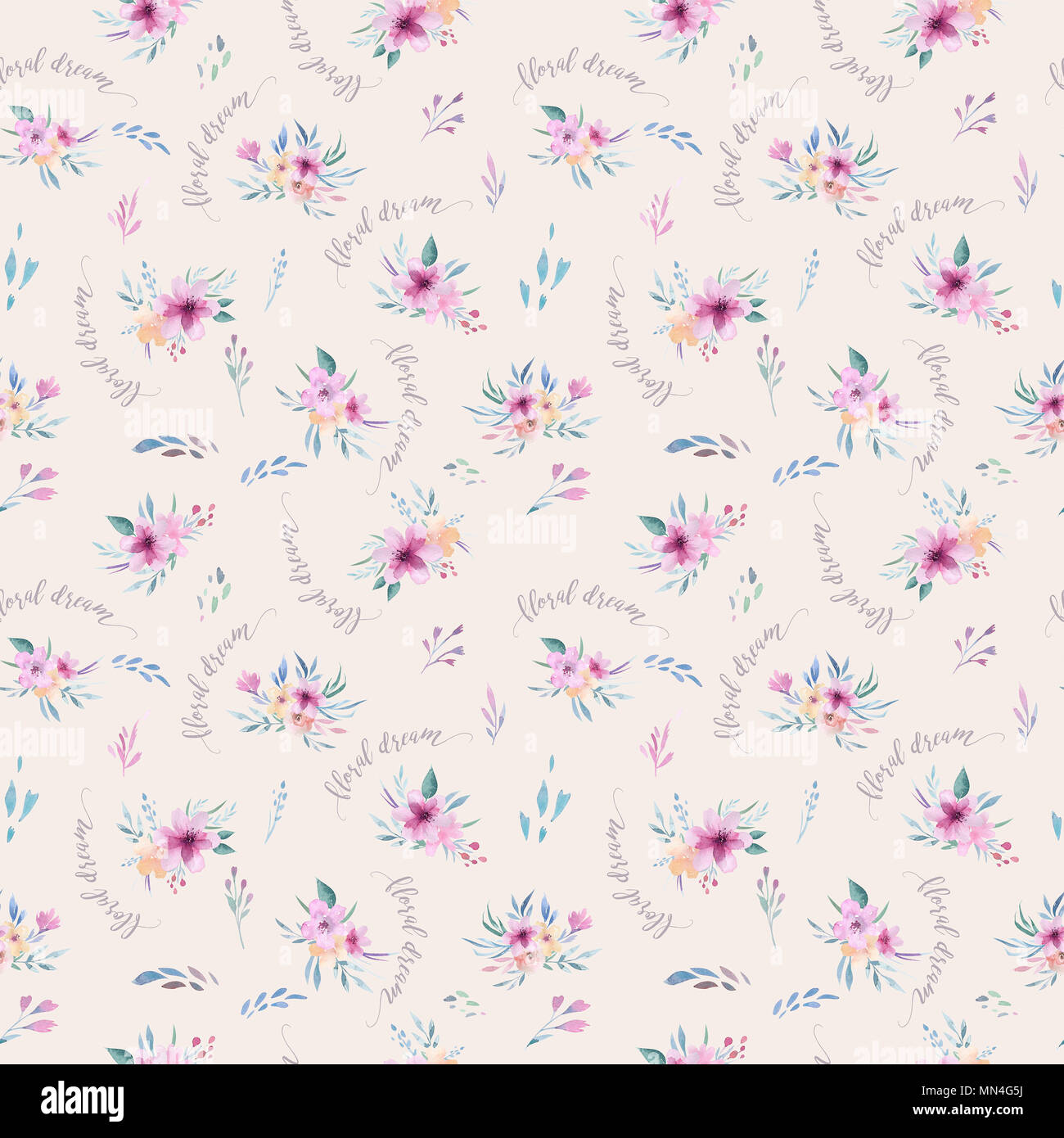 Watercolor floral pattern. Seamless pattern with purple, gold and pink ...