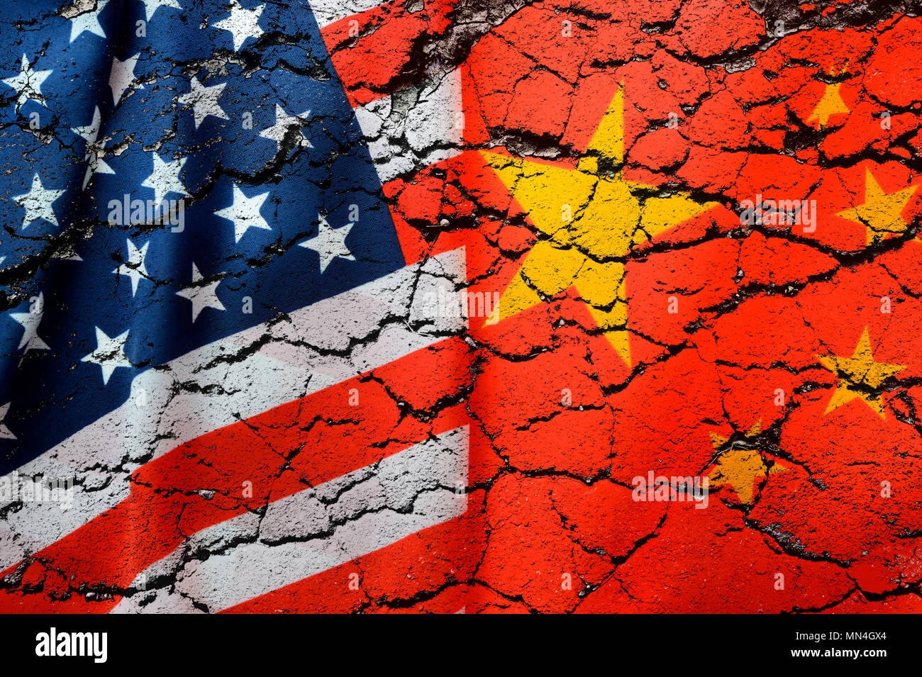 Flags of the United States and China with fractures, the threat of trade war between the economic powers, Fahnen von den USA und China mit Brüchen, dr Stock Photo