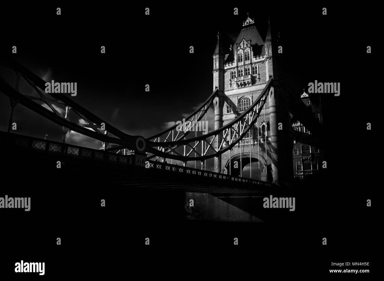 Tower Bridge, London.  Fine art monochrome photograph of one of the most famous and instantly recognisable landmarks in the world. Stock Photo