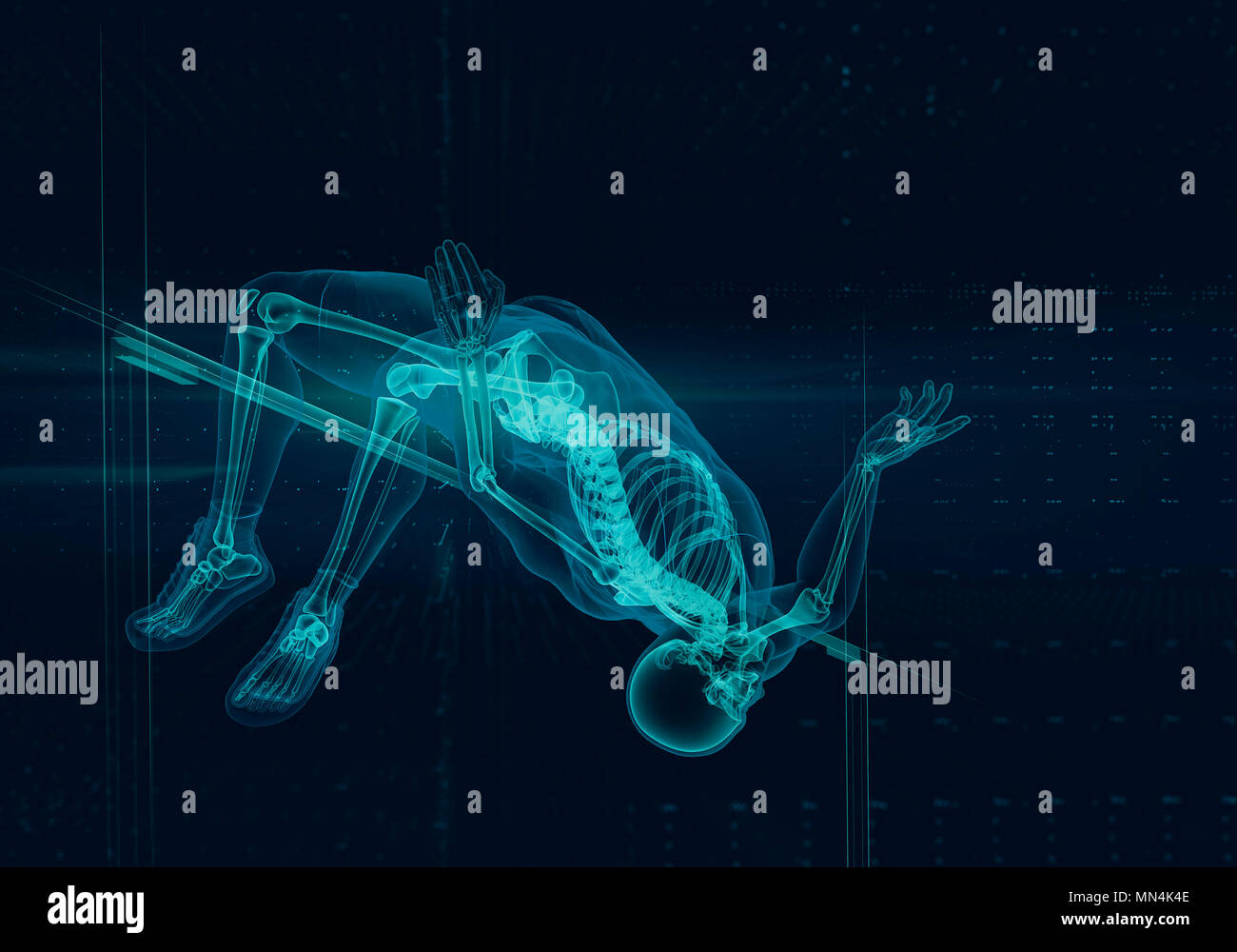Computer generated image x-ray skeleton track and field athlete high jumping Stock Photo