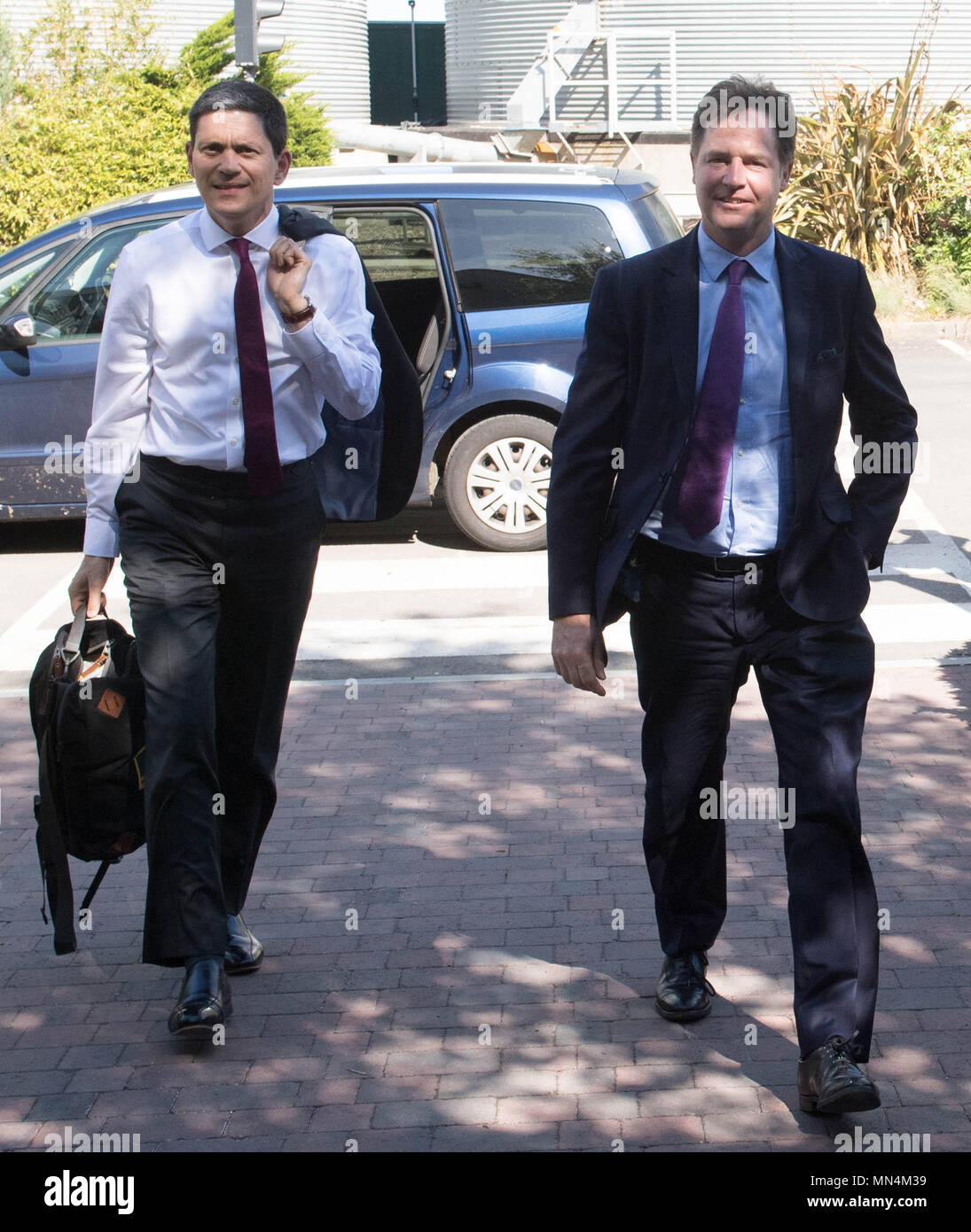 Liberal Democrat former deputy PM Sir Nick Clegg (right) Labour former foreign secretary David Miliband arrive to speak at a cross-party intervention Brexit negotiation at Tilda Rice Mill in Rainham, Essex. Stock Photo