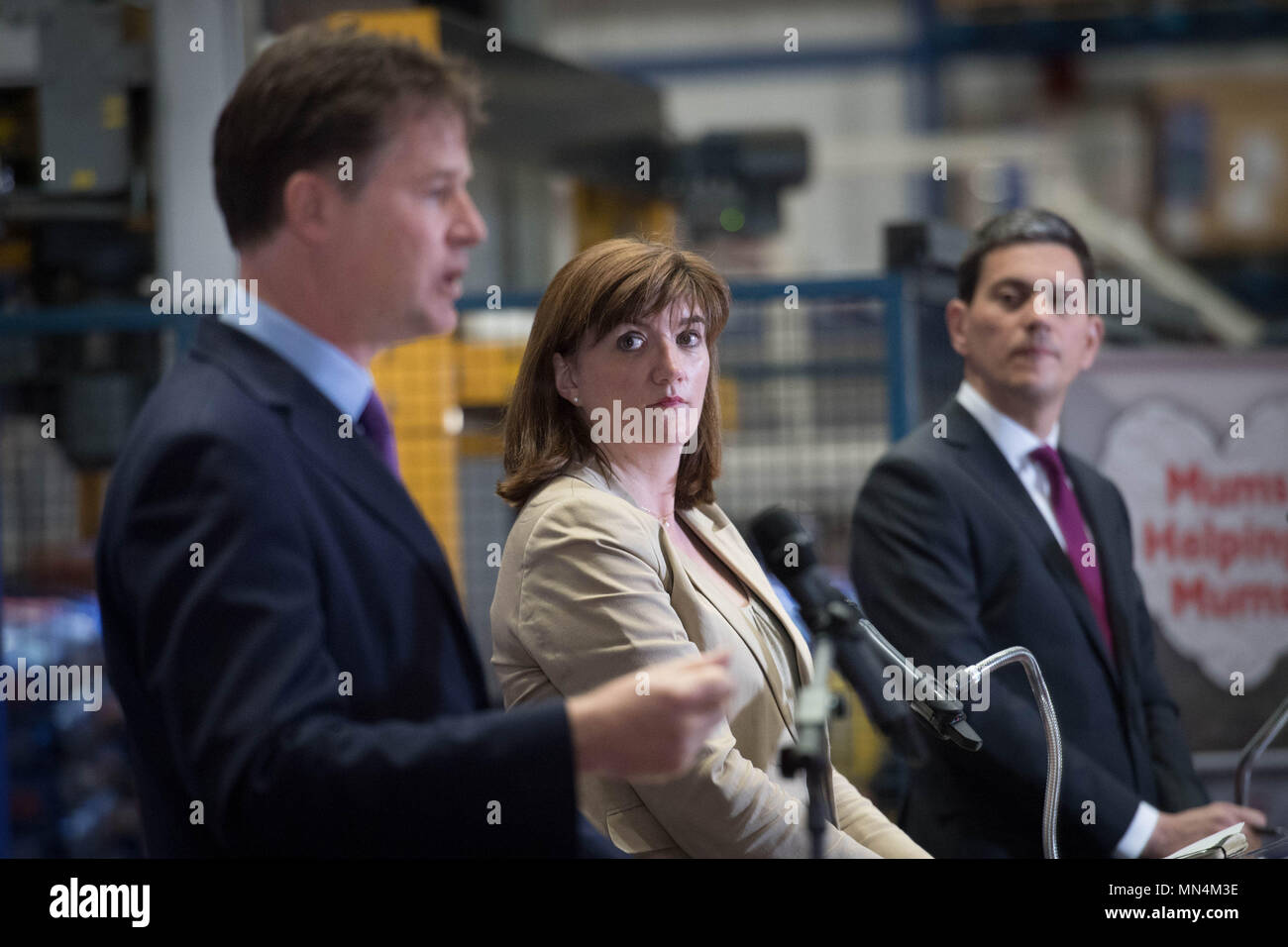 (left to right) Liberal Democrat former deputy PM Sir Nick Clegg, Tory ex-education secretary Nicky Morgan and Labour former foreign secretary David Miliband speaking at a cross-party intervention Brexit negotiation at Tilda Rice Mill in Rainham, Essex. Stock Photo