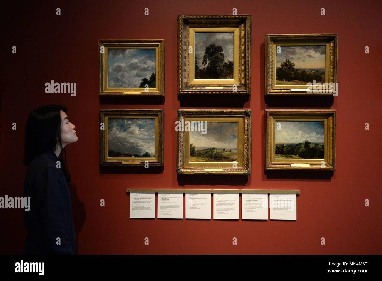 A visitor looks at paintings by John Constable during the launch of the new Royal Academy of Arts in London following a transformational redevelopment by Sir David Chipperfield RA and supported by the National Lottery. Stock Photo