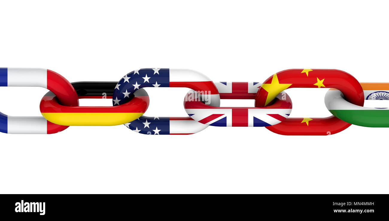 International relationship concept. National flags on linked chain. 3D Rendering Stock Photo