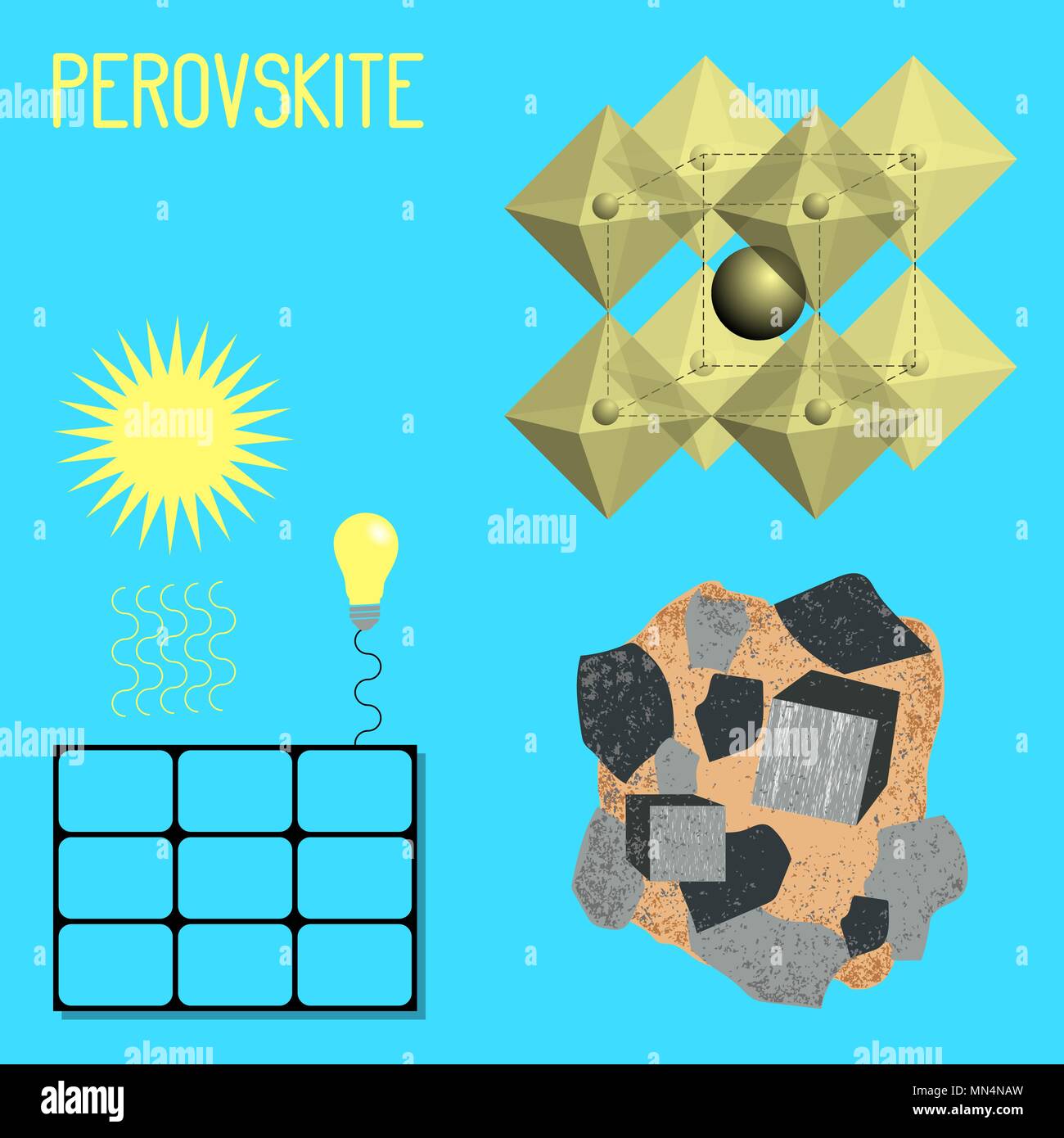 Mineral Perovskite. Mineral drawing, chemical formula, solar battery. Sun light bulb Stock Vector