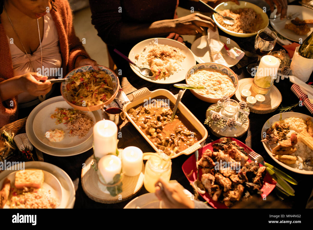 Caribbean food on Christmas dinner table Stock Photo