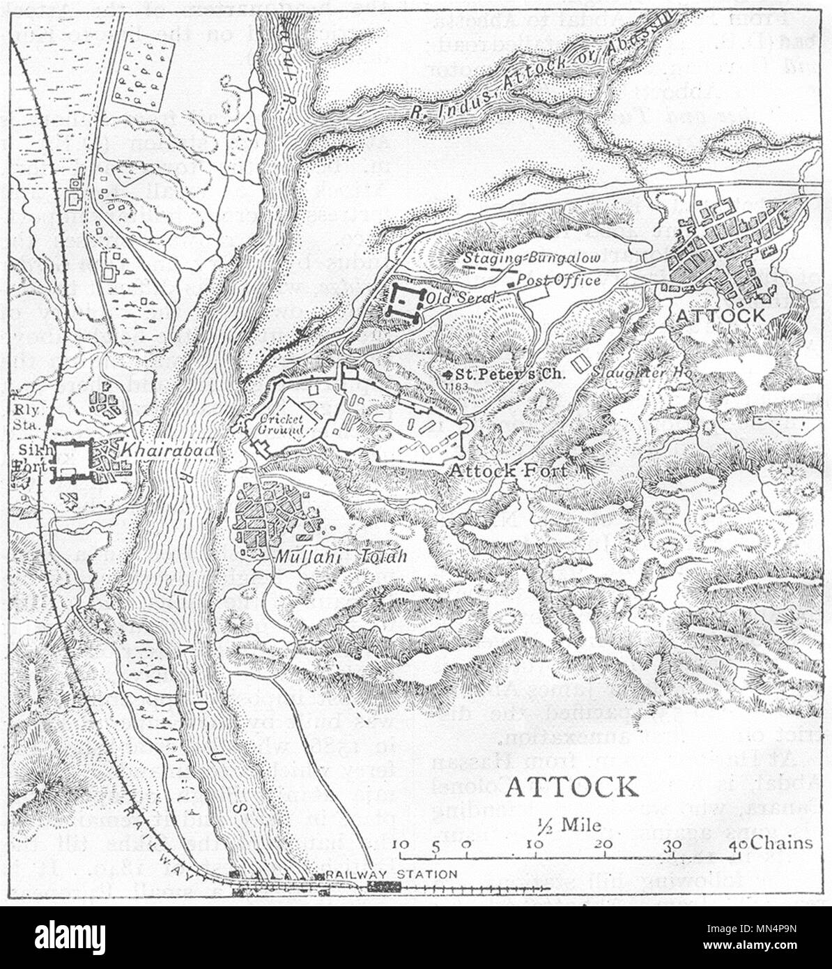 PAKISTAN. Attock town & Attock Fort sketch map. Khairabad. Sikh Fort 1924 Stock Photo