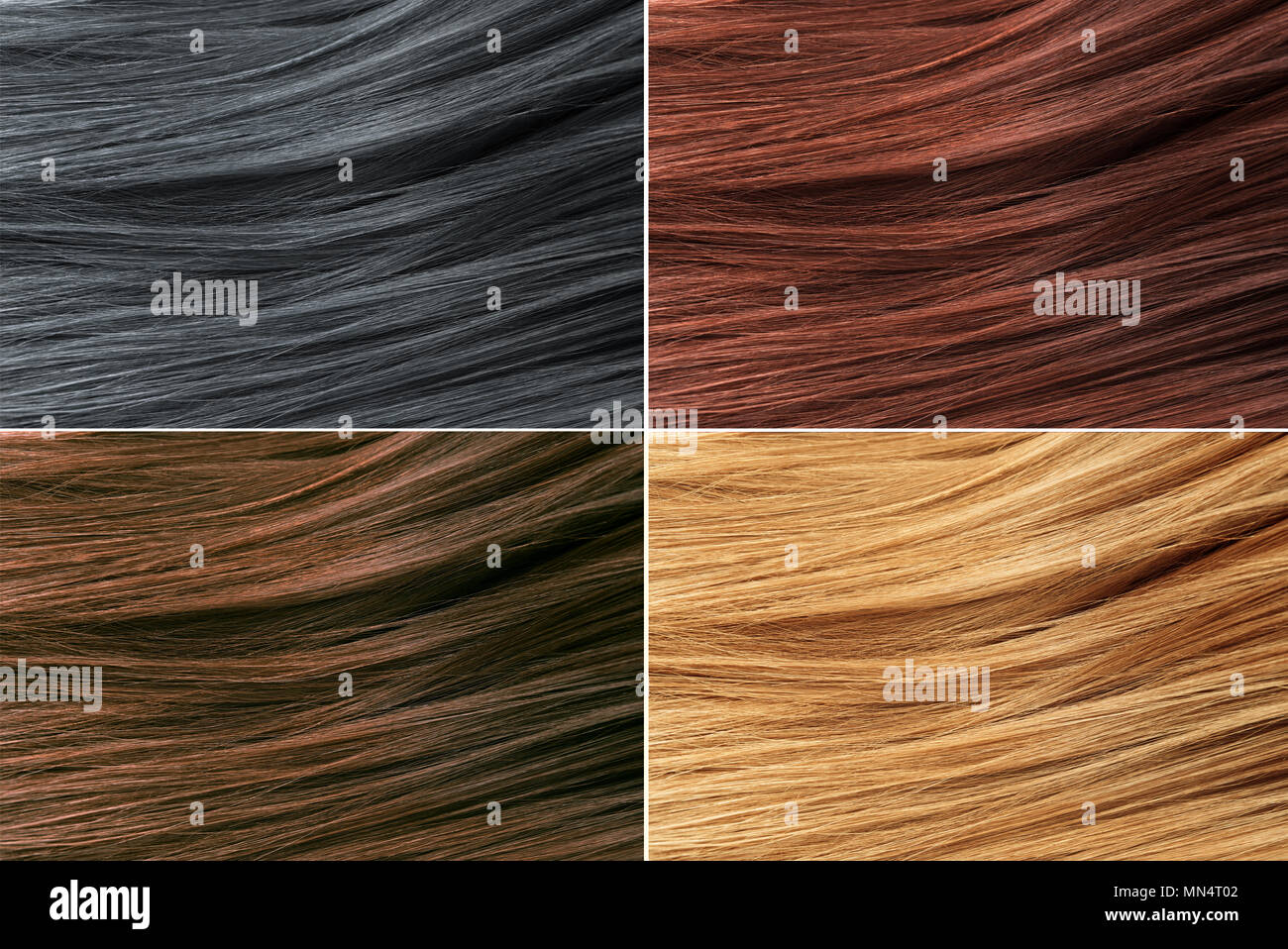 Hair Colors Palette. Hair Texture background, Hair colours set. Tints. Dyed Hair Color Samples. Stock Photo