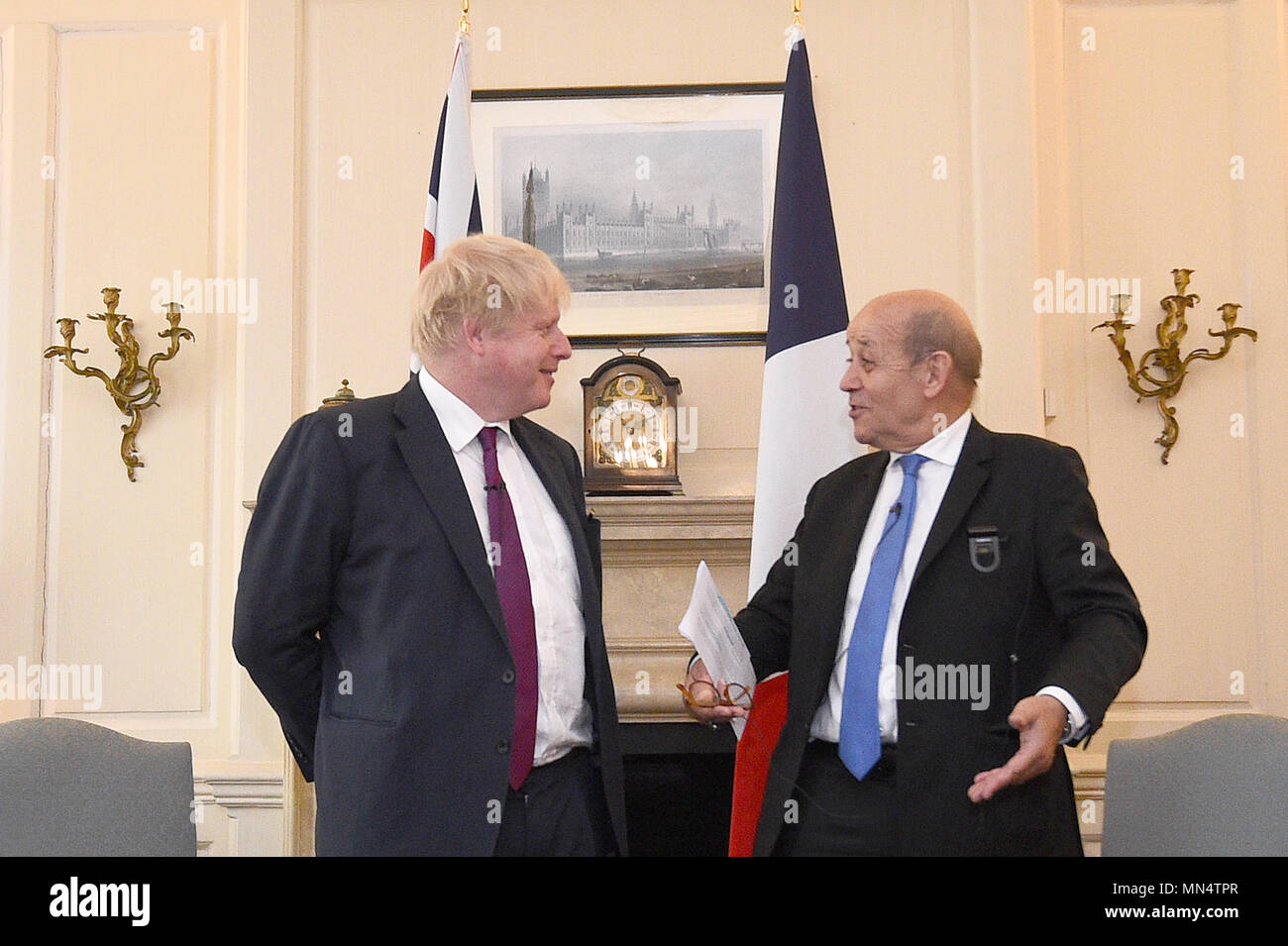 Foreign Secretary Boris Johnson meets French Foreign Minister Jean-Yves Le Drian for talks at Carlton Gardens in London. Stock Photo